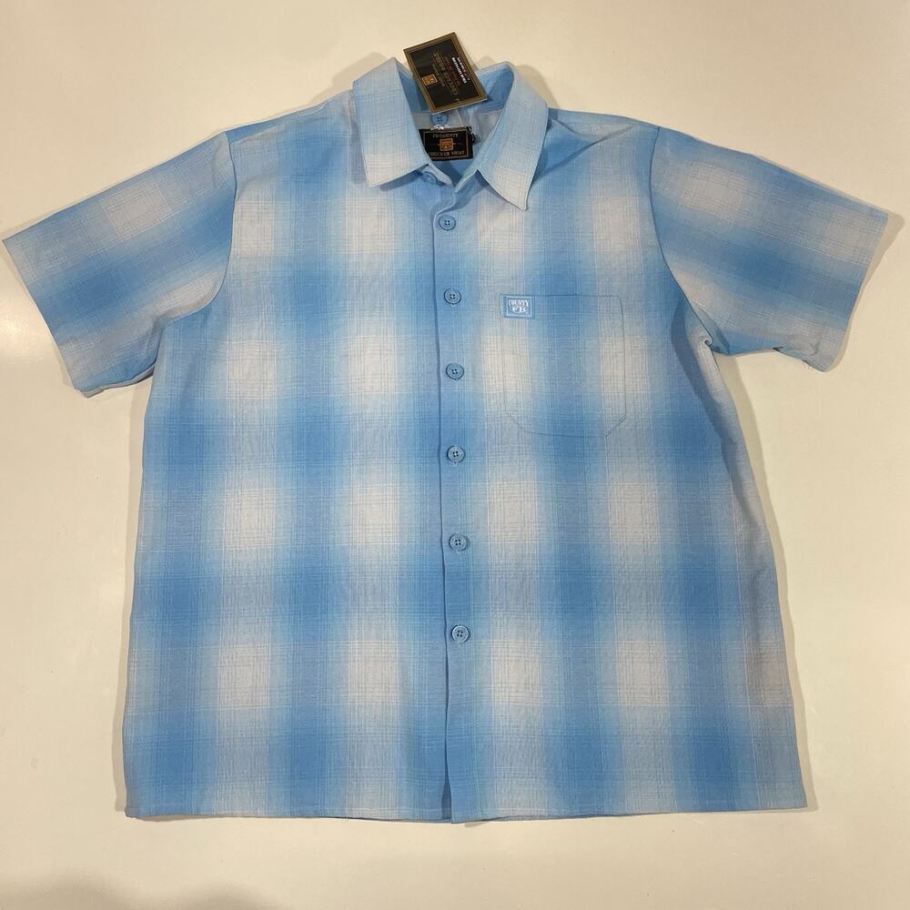 FB County Checker Shirt Plaid Short Sleeve Button-Up Blue White Black Men's M